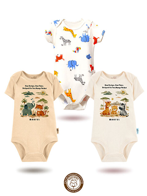 Mahfel 3'lü %100 Pamuklu Organik Baskılı Kısa Kollu Çıtçıtlı Bebek Body Zıbın 883-884