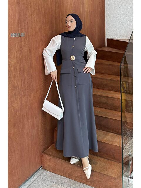 Lamelif Düğme Detaylı Elbise Antrasit - S000517796-29666