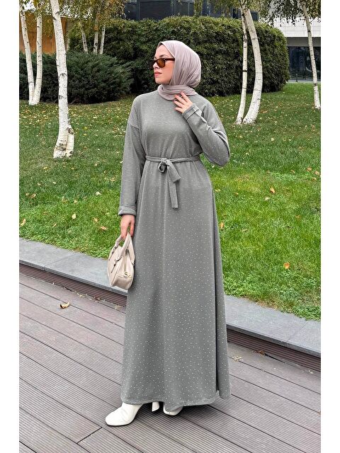 Lamelif Taş Detaylı Tesettür Elbise Haki - S000517800-18547