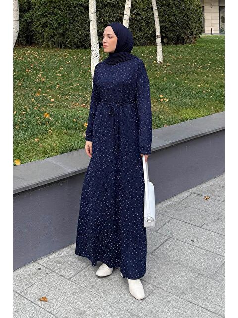 Lamelif Taş Detaylı Tesettür Elbise Lacivert - S000517800-21164