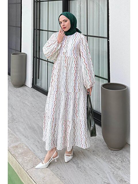 Lamelif Renkli Brode Detaylı Uzun Tesettür Elbise Beyaz - S000517806-20063