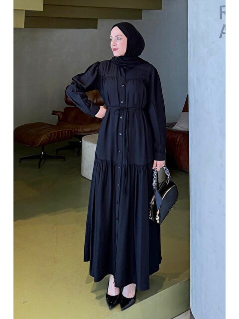 Lamelif Bağlama Detaylı Tesettür Elbise Siyah - S000517798-19351