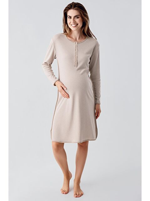 Artış Uzun Kollu  Düğmeli Esnek Şardonlu Viskoz Hamile Gecelik 21103 - S000269047-19928