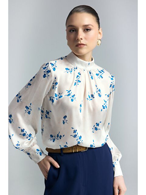 SATEEN Çiçek Desenli Bluz - İndigo