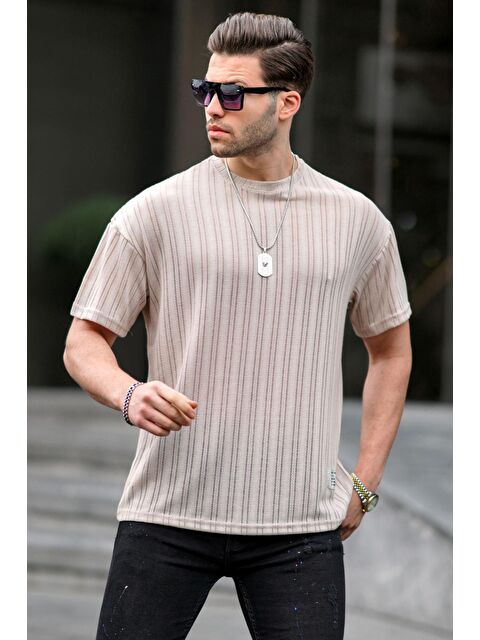 Madmext Bej Oversize Bisiklet Yaka Erkek Tişört 6179 - S000130689-19928