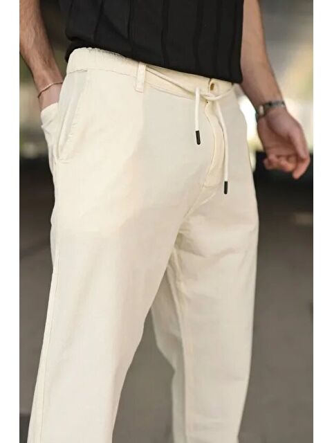 Jane's Erkek Keten Cepli Pantolon Lastikli Bel Bağcıklı Önden Fermuarlı - Krem
