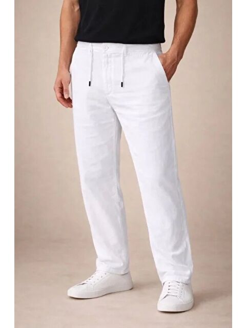 Jane's Erkek Keten Cepli Pantolon Lastikli Bel Bağcıklı Önden Fermuarlı - Beyaz