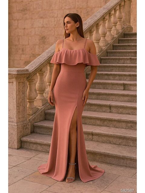 Jane's Kadın Dalgıç Krep Yırtmaç Detaylı Askılı Maxi Boy Elbise - S000527931-7152