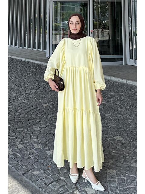 Lamelif Balon Kol Katlı Yazlık Elbise Sarı - S000515205-20072