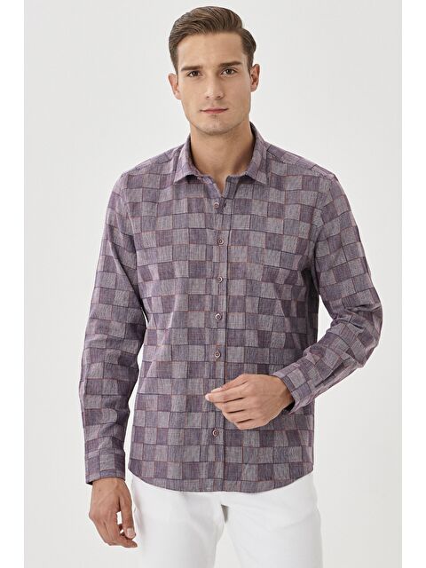 Altınyıldız Classics Erkek Beyaz-Bordo Slim Fit Dar Kesim Klasik Yaka %100 Pamuk Kareli Gömlek