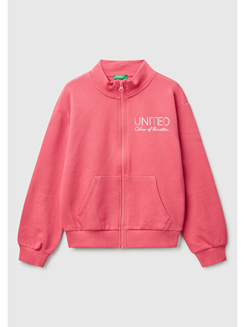 United Colors Of Benetton Kız Çocuk Fuşya Simli Benetton Logo İşlemeli Fermuarlı Sweatshirt - S000358054-18686