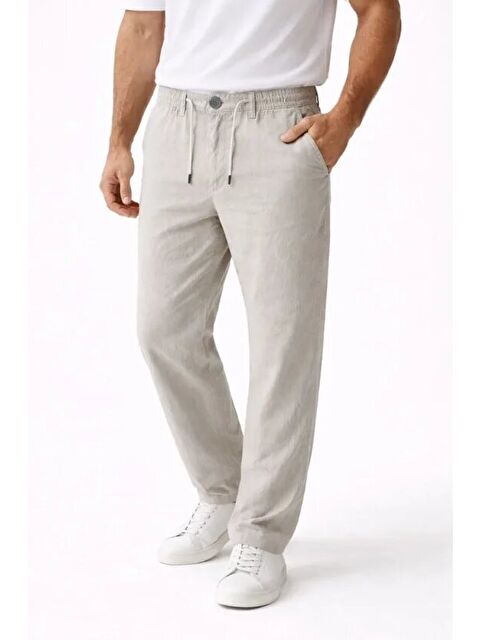 Jane's Erkek Keten Cepli Pantolon Lastikli Bel Bağcıklı Önden Fermuarlı - Gri