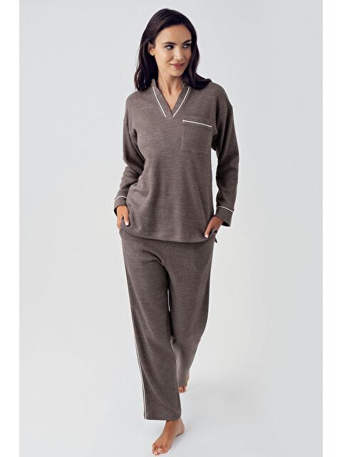 Artış Kadın Uzun Kollu Esnek Yumuşak Dokulu Waffle Kumaş Pijama Takım 15213 - S000503803-19413