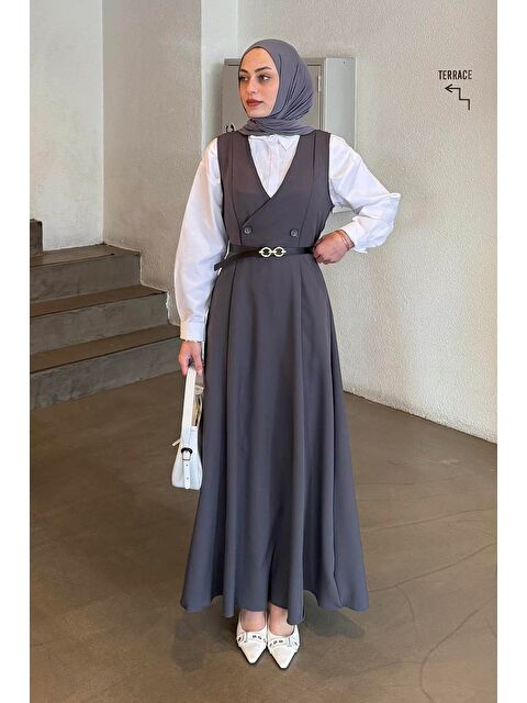 Lamelif Düğme Detaylı Kolsuz Tesettür Elbise Antrasit - S000517744-29666