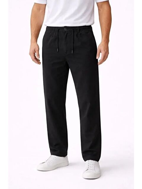 Jane's Erkek Keten Cepli Pantolon Lastikli Bel Bağcıklı Önden Fermuarlı - Siyah
