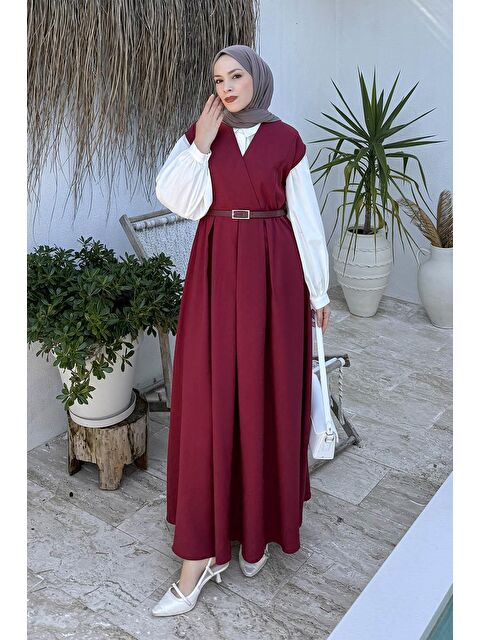 Lamelif Pile Detaylı Kemerli Jile Bordo - S000517792-19951