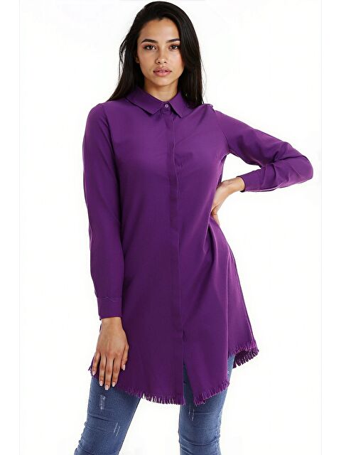 carla10 Şamre Eteği Püsküllü Uzun Gömlek Mürdüm - S000503806-20036