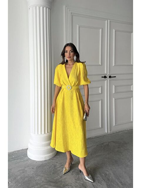 Jane's Sarı Işıltılı Kemerli Kruvaze Elbise - S000527936-20072