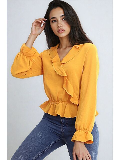 carla10 Ayrobin Kruvaze Fırfırlı Uzun Kol Bluz Hardal - S000503807-20074