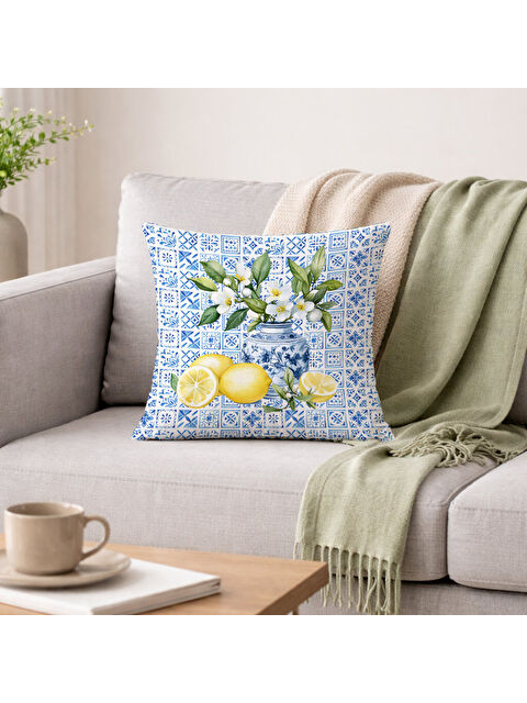 Evmila Akdeniz Esintisi,Mavi Beyaz Fayans ve Limon Desenli Kadife  Kırlent Kılıfı (43x43 cm)