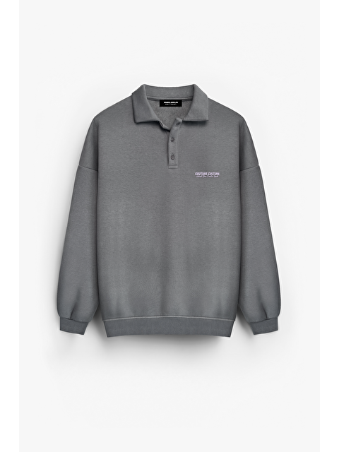 Abluka Online Erkek Rahat Kalıp Baskılı Polo Yaka Sweatshirt Gri - S000296393-20600