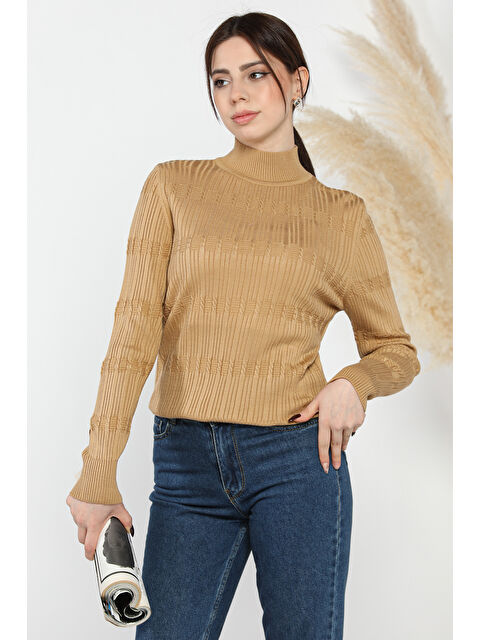 Gülseli Kadın Yarım Balıkçı Desenli Elastanlı Triko Bluz - S000311842-19966