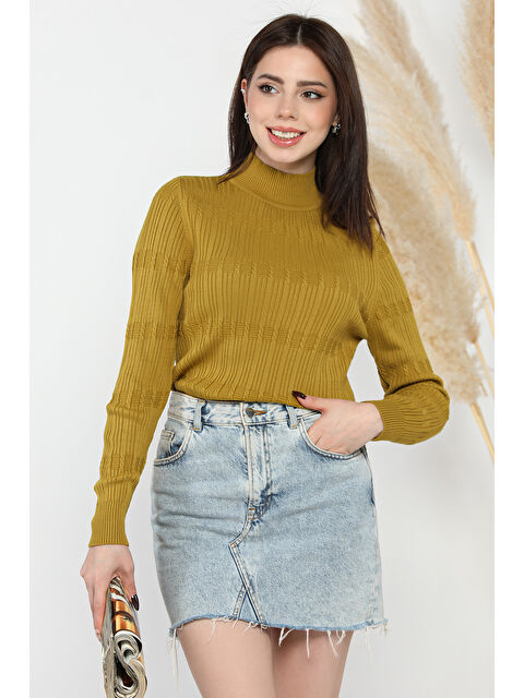 Gülseli Kadın Yarım Balıkçı Desenli Elastanlı Triko Bluz - S000311842-18194