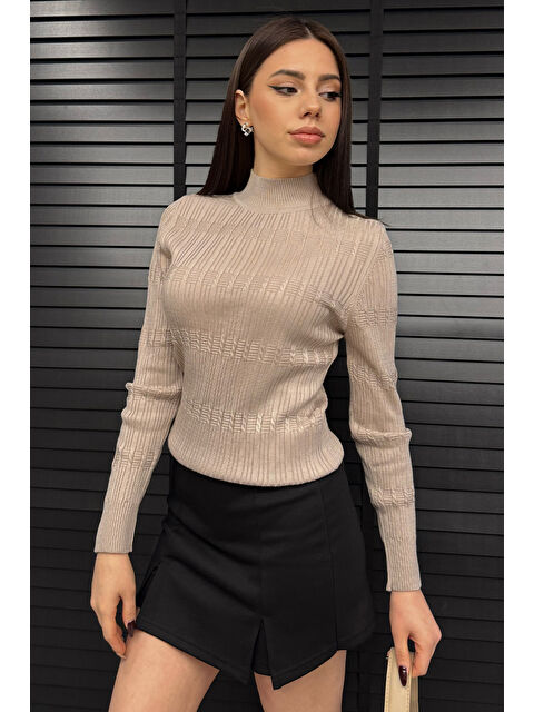 Gülseli Kadın Yarım Balıkçı Desenli Elastanlı Triko Bluz - S000311842-7152