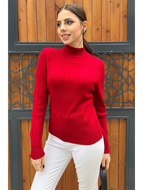 Gülseli Kadın Yarım Balıkçı Desenli Elastanlı Triko Bluz - S000311842-20045