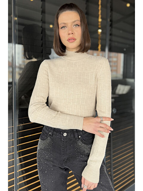 Gülseli Kadın Yarım Balıkçı Desenli Elastanlı Triko Bluz - S000311842-25636