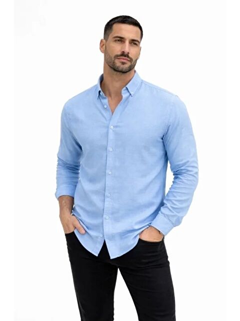 Jane's Erkek Keten Kumaş Oversize Uzun Kollu Rahat Kalıp Gömlek - Açık Mavi