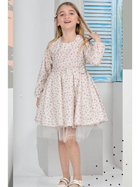 Eftelya Kız Çocuk Kloş Elbise Çiçek Desenli Ve Etek Ucu Tüllü 12178 - S000361565-19965