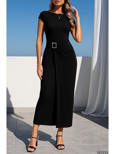 Jane's Kadın Sandy Kumaş Metal Toka Detaylı Midi Boy Elbise - S000527940-19351