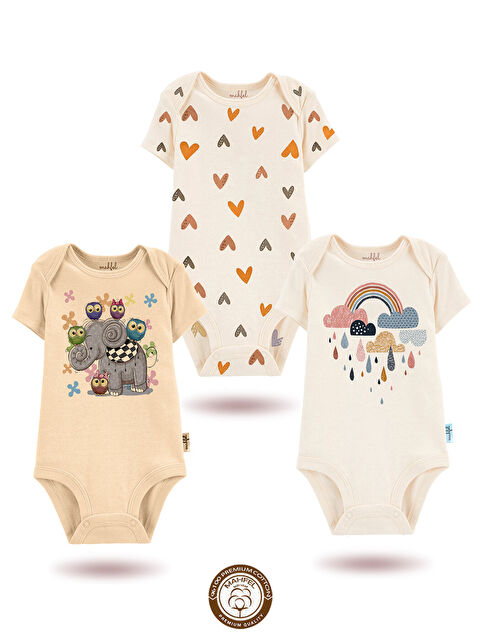 Mahfel 3'Lü %100 Pamuklu Organik Baskılı Kısa Kollu Çıtçıtlı Bebek Body Zıbın 42-44