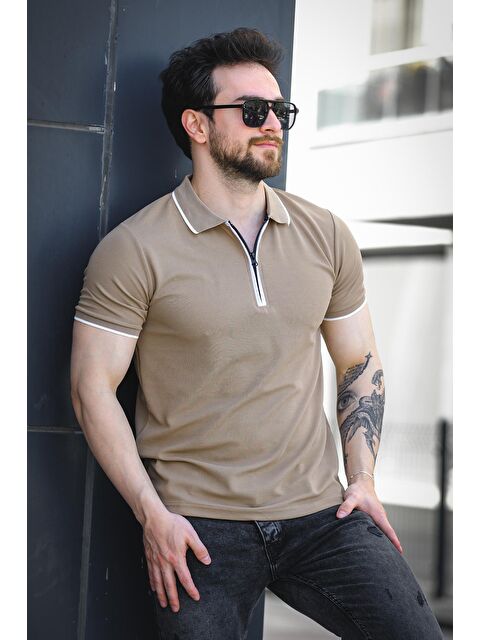 Oksit Calep Yakası Şeritli Slim Fit Fermuarlı Polo Yaka Erkek Tshirt - S000374816-4557