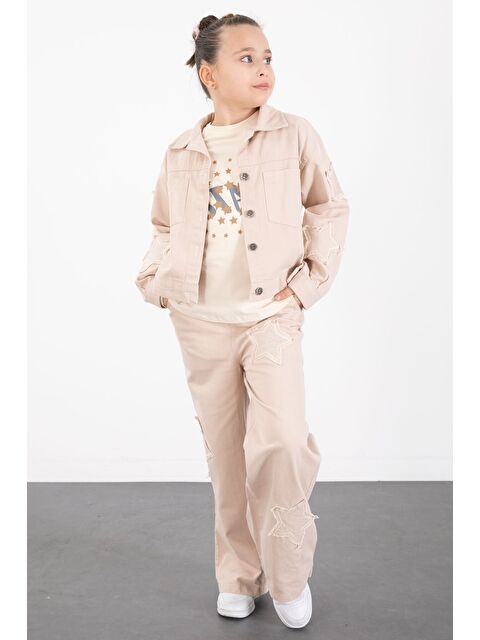 Cansın Mini Krem Kolları Star Taşlı Jean Ceketli Kız Çocuk 3lü Alt Üst Takım 23425 - S000524858-19966