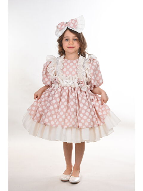 Mialora Özel Tasarım, Puantiyeli, Fırfır Detaylı, Saç Aksesuarlı, Balon Kollu Kız Çocuk Elbise_M2403 - S000386365-7152