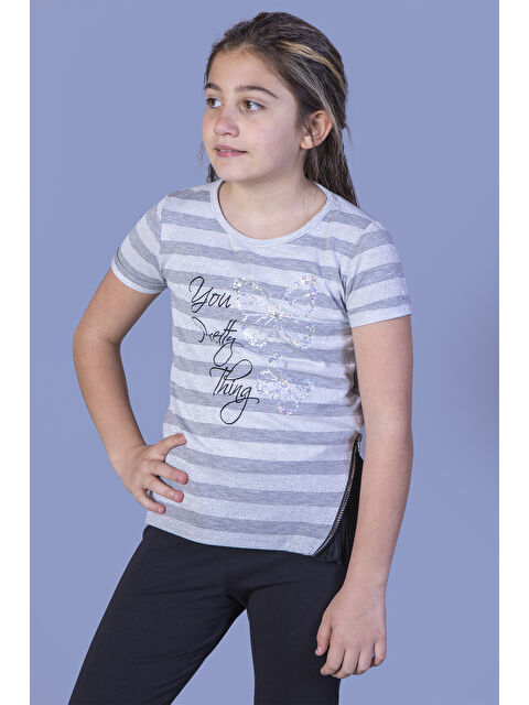 Toontoykids Kız Çocuk Çizgili Kelebek Baskılı Tişört