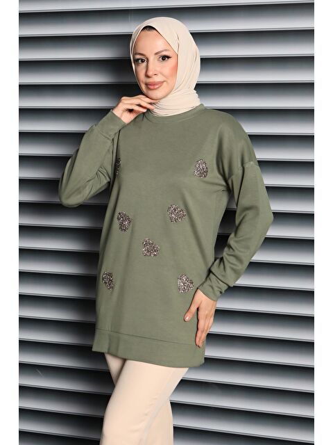 Tofisa Kalp Taşlı İşlemeli Modal Tunik Haki - 27875-HAKI - S000463298-18547
