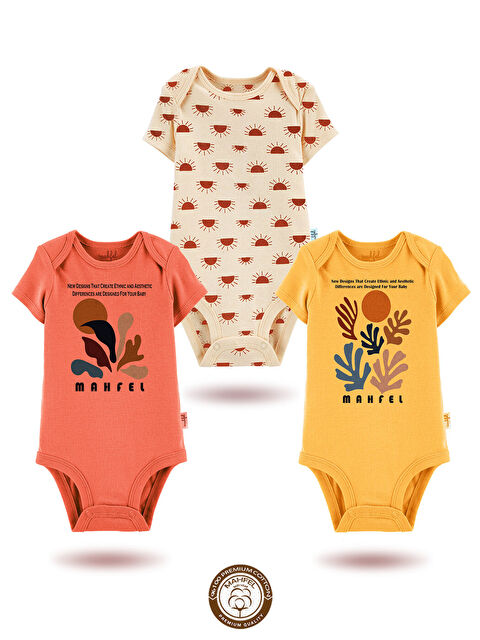 Mahfel 3'Lü %100 Pamuklu Organik Baskılı Kısa Kollu Çıtçıtlı Bebek Body Zıbın 848-851