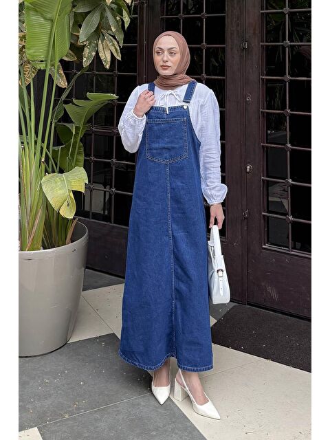 Lamelif Ön Cep Detaylı Denim Salopet Elbise Koyu Mavi - S000517764-17234