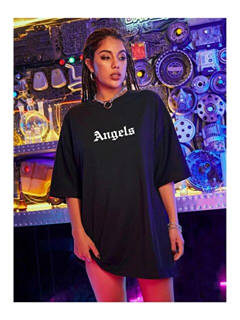 Trendseninle Kadın Siyah Ön Arka Baskılı Pure Angels Oversize Tişört - S000116418-19351