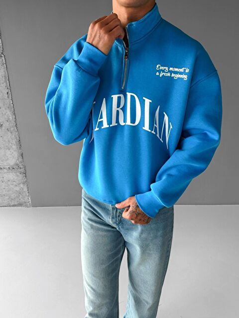 Abluka Online Erkek Oversize Yarım Fermuarlı Dik Yakalı Baskılı Sweatshirt Mavi - S000314987-17234