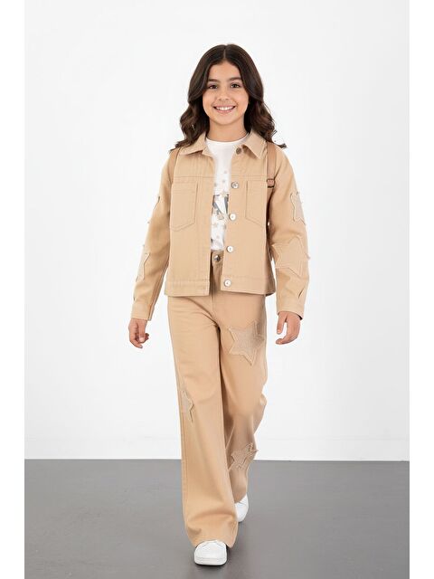 Cansın Mini Bej Kolları Star Taşlı Jean Ceketli Kız Çocuk 3lü Alt Üst Takım 23427 - S000524858-19928