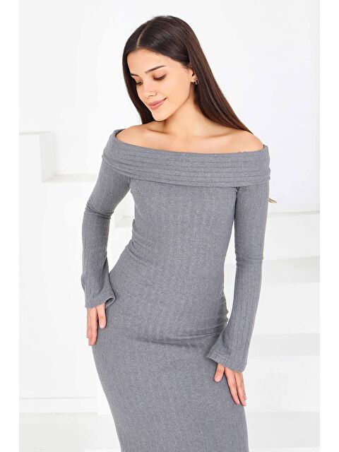 Tofisa Madonna Yaka Kaşkorse Uzun Elbise Füme - 27816-FUME - S000463307-33408