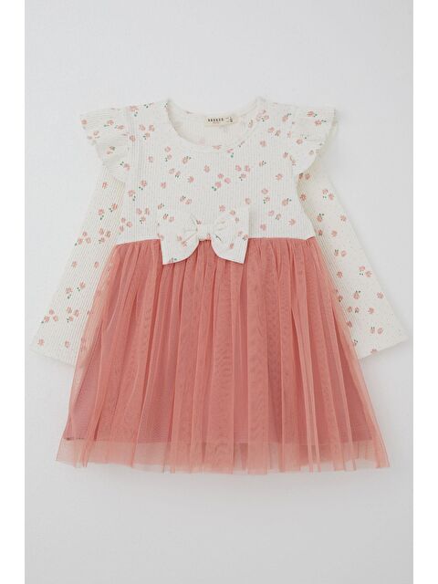 Breeze Kız Bebek Uzun Kollu Elbise Çiçekli Fiyonklu Tüllü Ekru (1.5-2 Yaş) - S000363379-19965