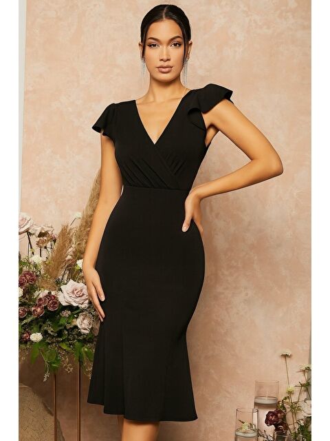 Jane's Kadın Kısa Kelebek Kollu Kruvaze Yaka Ithal Krep Midi Elbise - S000527865-19351