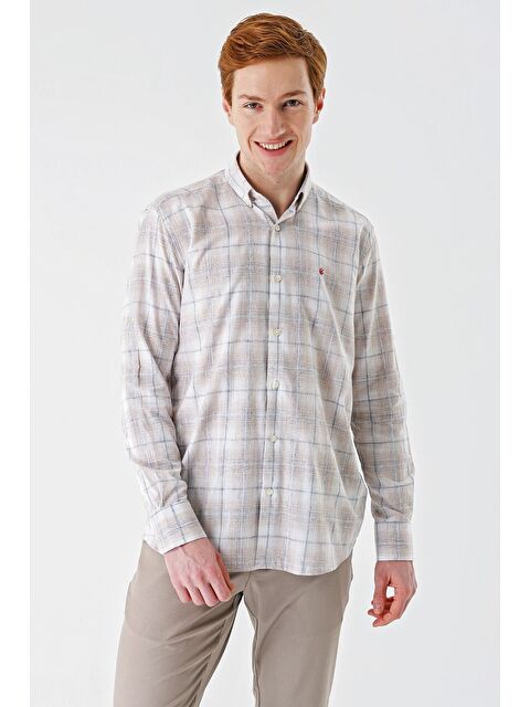 İMZA Bej Kısalabilir Kol Ekoseli Cepsiz Garnili Biyeli Pamuklu Keten Comfort Fit Gömlek 1004240147 - S000357148-19928