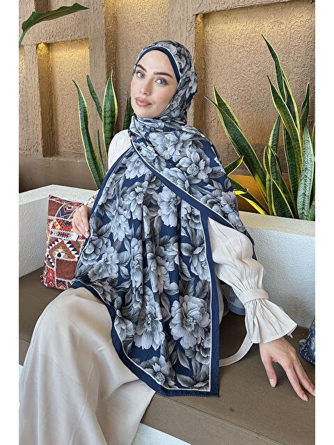 Lamelif Lotus Desen Bambu Şal Gece Mavisi - S000529574-17234