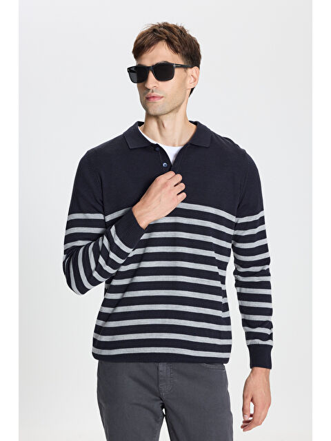 Altınyıldız Classics Erkek Lacivert-Gri Standart Fit Normal Kesim Polo Yaka Çizgili Triko Kazak - S000403597-37346